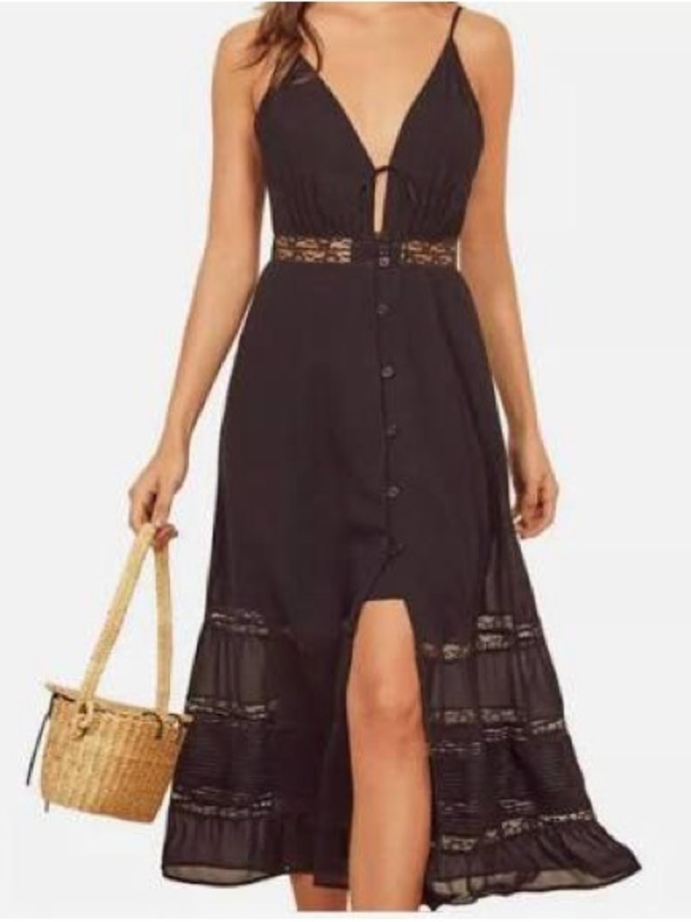 NWOT Reformation Shelly Sleeveless Black Lace-Trim Midi Dress with Button Front.